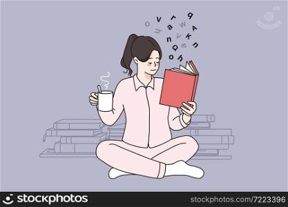 Leisure and relax activity concept. Young smiling girl sitting on floor relaxing reading book drinking tea or coffee vector illustration . Leisure and relax activity concept