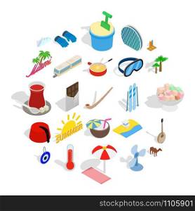 Leisure at sea icons set. Isometric set of 25 leisure at sea vector icons for web isolated on white background. Leisure at sea icons set, isometric style