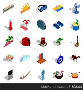 Leisure at sea icons set. Isometric set of 25 leisure at sea vector icons for web isolated on white background. Leisure at sea icons set, isometric style