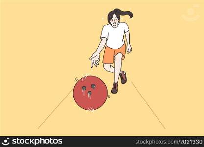 Leisure games and bowling concept. Smiling girl playing bowling feeling excited and cheerful enjoying hobby activity vector illustration . Leisure games and bowling concept