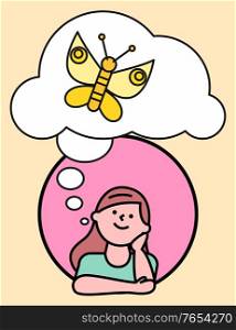 Leisure of girl thinking about flying butterfly. Avatar portrait view of female with hand near face looking at bubble icon with flying cartoon character. Kid in round with imagination sign vector. Female Thinking about Butterfly Character Vector