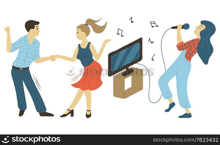 Leisure time of man and woman vector, people dancing and singing. Karaoke and club, pastime hobby of characters activity pastime recreation flat style. Family weekend. Musician and Dancers Hobby of People Leisure Time