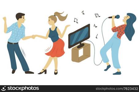 Leisure time of man and woman vector, people dancing and singing. Karaoke and club, pastime hobby of characters activity pastime recreation flat style. Family weekend. Musician and Dancers Hobby of People Leisure Time