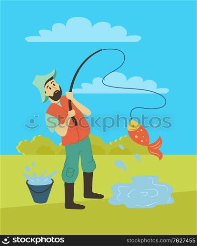 Leisure time vector, man with fishing rod on nature catching fish. Person relaxing, pastime of character surrounded by trees and greenery flat style. Fishing Hobby of Person, Man with Rod on Pond