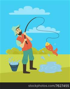 Leisure time vector, man with fishing rod on nature catching fish. Person relaxing, pastime of character surrounded by trees and greenery flat style. Fishing Hobby of Person, Man with Rod on Pond