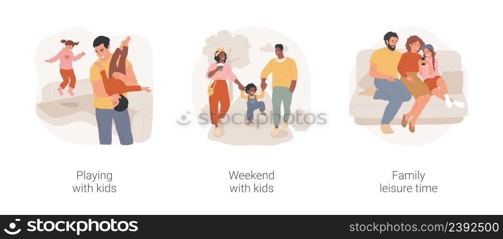 Leisure time with children isolated cartoon vector illustration set. Parents playing with kids, have fun together, spend weekend with children, family leisure time, relax at home vector cartoon.. Leisure time with children isolated cartoon vector illustration set.