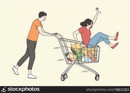 Leisure, vacation and having fun concept. Young happy couple cartoon characters fooling having fun together in supermarket trolley feeling playful excited vector illustration . Leisure, vacation and having fun concept