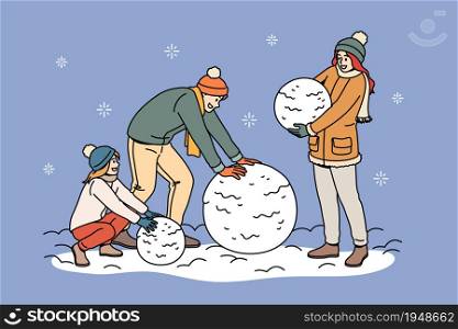 Leisure winter activities for family concept. Happy family with daughter wearing warm clothes rolling snowballs having fun together vector illustration. Leisure winter activities for family concept.