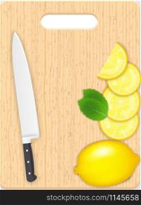 Lemon and leaf slices and knife on the chopping board