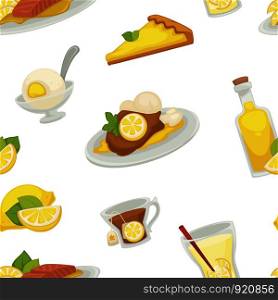 Lemon and lemonade, oil in glass bottle seamless pattern isolated on white background vector. Food, refreshing fruit, citrus with sour taste. Ice cream with flavor, drink with slices and straw. Lemon and lemonade, oil in glass bottle seamless pattern isolated on white background vector.