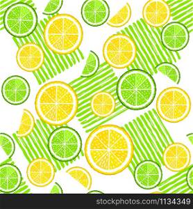 Lemon and lime slices on the white background with green paint stripes vector seamless pattern