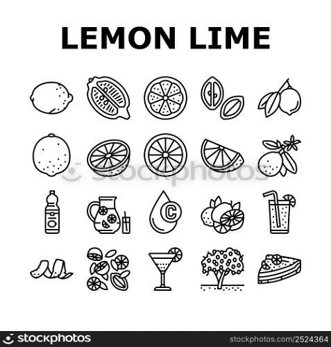 Lemon And Lime Vitamin Citrus Icons Set Vector. Lemon And Lime Fruit Cut And Slice, Delicious Juice And Lemonade, Pie Food And Cocktail Drink Bottle. Blossom Branch Tree Black Contour Illustrations. Lemon And Lime Vitamin Citrus Icons Set Vector