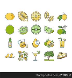 Lemon And Lime Vitamin Citrus Icons Set Vector. Lemon And Lime Fruit Cut And Slice, Delicious Juice And Lemonade, Pie Food And Cocktail Drink Bottle. Blossom Branch Tree Color Illustrations. Lemon And Lime Vitamin Citrus Icons Set Vector
