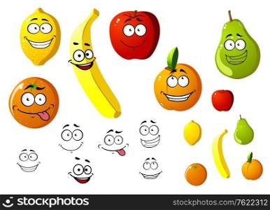 Lemon, apple, orange, banana, pear and peach fruits in cartoon style