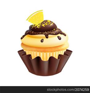 Lemon cake. Isolated realistic cupcake with lemons slice and choco glazed. Sweet white biscuit with chocolate cream vector illustration. Glazed choco cake with lemon isolated. Lemon cake. Isolated realistic cupcake with lemons slice and choco glazed. Sweet white biscuit with chocolate cream vector illustration