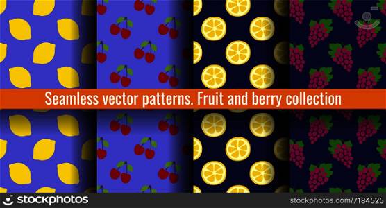 Lemon, cherry and grapes. Fruit seamless pattern set. Food print for clothes or linens. Fashion design. Beauty vector sketch background collection