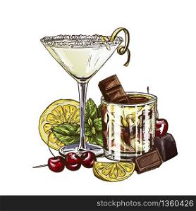 Lemon drop martini and White Russian cocktails, vector illustration, hand drawn sketch; colored