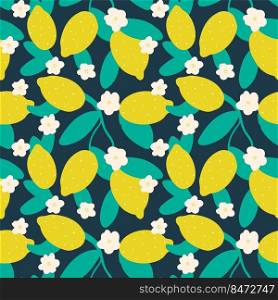 Lemon flowers and fruits exotic tropical background. Citrus tree hand drawing print. Bloom pattern for wallpaper, textile and packaging vector illustration. Lemon flowers and fruits exotic tropical background