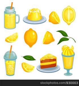Lemon food. Cakes, lemonade and others yellow foods with lemons ingredient. Vector illustrations in cartoon style, fresh food with lemon, pie and juicy. Lemon food. Cakes, lemonade and others yellow foods with lemons ingredient. Vector illustrations in cartoon style