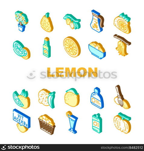 lemon fruit citrus slice fresh icons set vector. leaf, yellow food, lemonade juice, cut half, juicy citron, peel sour tropical leaves lemon fruit citrus slice fresh isometric sign illustrations. lemon fruit citrus slice fresh icons set vector