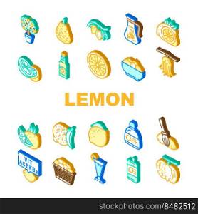 lemon fruit citrus slice fresh icons set vector. leaf, yellow food, lemonade juice, cut half, juicy citron, peel sour tropical leaves lemon fruit citrus slice fresh isometric sign illustrations. lemon fruit citrus slice fresh icons set vector