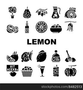 lemon fruit citrus slice fresh icons set vector. leaf, yellow food, lemonade juice, cut half, juicy citron, peel sour tropical leaves lemon fruit citrus slice fresh glyph pictogram Illustrations. lemon fruit citrus slice fresh icons set vector