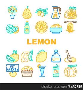 lemon fruit citrus slice fresh icons set vector. leaf, yellow food, lemonade juice, cut half, juicy citron, peel sour tropical leaves lemon fruit citrus slice fresh color line illustrations. lemon fruit citrus slice fresh icons set vector