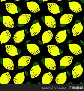 Lemon fruit seamless pattern. Fashion design. Food print for kitchen tablecloth, curtain or dishcloth. Hand drawn doodle wallpaper. Vector citrus sketch background