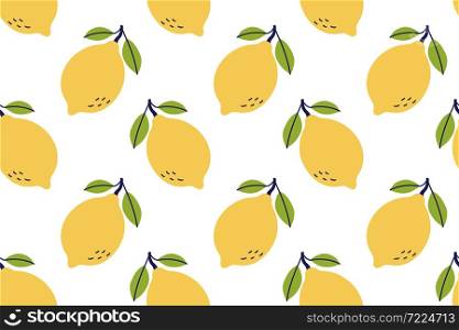 Lemon fruit seamless pattern. Hand drawn vector illustration. Exotic food. Yellow citrus with leaves