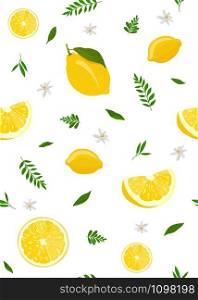 Lemon fruits and slice seamless pattern with cute leaves on white background. Citrus fruit vector illustration.