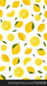 Lemon fruits and slice seamless pattern with leaves on white background. citrus fruits vector illustration.
