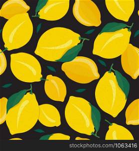 Lemon fruits seamless pattern on black background. Grapefruit citrus fruit vector illustration.