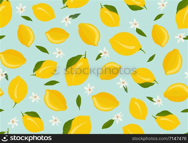 Lemon fruits seamless pattern with flower and leaves on green background. citrus fruits vector illustration.
