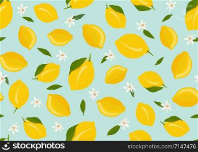 Lemon fruits seamless pattern with flower and leaves on green background. citrus fruits vector illustration.
