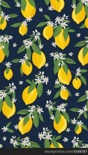 Lemon fruits seamless pattern with flowers and leaves on black background. citrus fruits vector illustration.