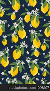 Lemon fruits seamless pattern with flowers and leaves on black background. citrus fruits vector illustration.