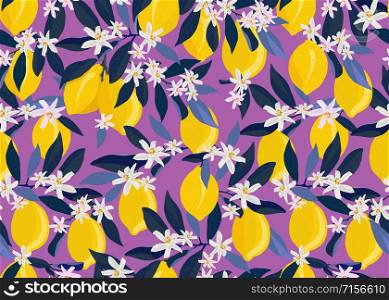 Lemon fruits seamless pattern with flowers and leaves on purple background. citrus fruits vector illustration.