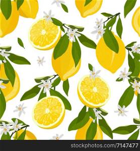 Lemon fruits seamless pattern with flowers and leaves white background. citrus fruits vector illustration.