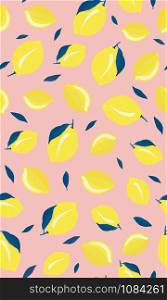 Lemon fruits seamless pattern with leaves on pink background. citrus fruits vector illustration.