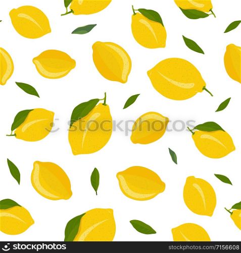 Lemon fruits seamless pattern with leaves on white background. citrus fruits vector illustration.