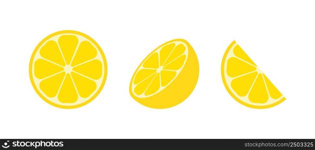 Lemon icon. Citrus slices. Citrus slices of lemon. Fruit with vitamin C. Round, half and slice of fruit for juice. Flat icon isolated on white background. Vector.