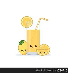 lemon juice. Cute kawai smiling cartoon juice with slices in a glass with juice straw.