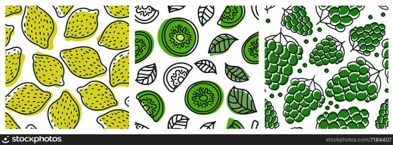 Lemon, kiwi and grapes. Fruit seamless pattern set. Fashion design. Food print for clothes, linens or curtain. Hand drawn vector sketch background collection