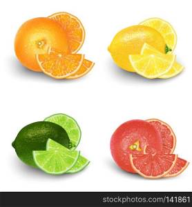 Lemon, Lime, Orange, Grapefruit Fresh Fruit Set. Realistic 3d vector illustration set. Isolated design elements for packaging. Product labeling.