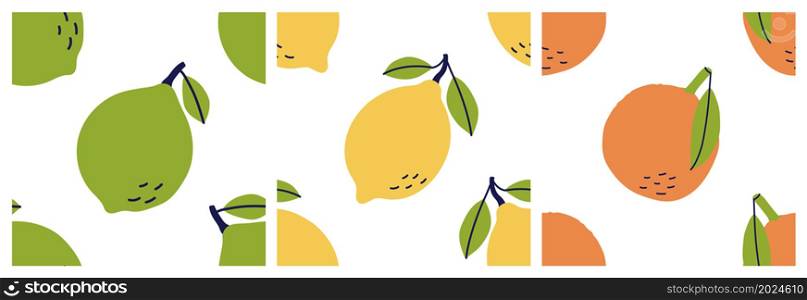 Lemon, orange and lime. Citrus fruit seamless pattern bundle. Color illustration collection in hand-drawn style. Vector repeat background set