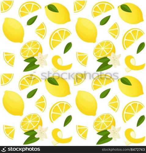 Lemon pattern. Seamless print of exotic tropical citrus fruit, zest and slices. Vector texture tropical fruit images lemon. Lemon pattern. Seamless print of exotic tropical citrus fruit, zest and slices. Vector texture