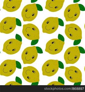 Lemon pattern seamless. Smiling fruit vector. Summer design. Citrus background