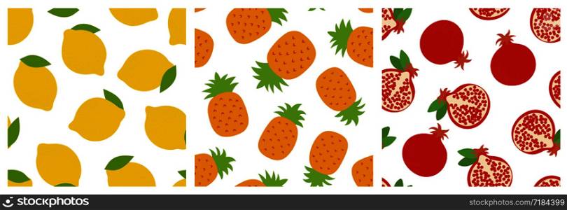 Lemon, pineapple and garnet. Fruit seamless pattern set. Fashion design. Food print for clothes, linens or curtain. Hand drawn vector sketch. Exotic background collection