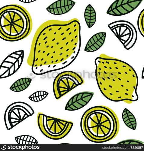 Lemon seamless pattern. Hand drawn fresh tropical citrus fruit. Multicolored vector sketch background. Colorful doodle wallpaper. Yellow and blue print
