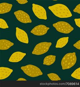 Lemon seamless pattern on green background. Print with citrus fruits collection. Hand drawn summer design for fabric, textile print, wrapping paper, children textile. Vector illustration. Lemon seamless pattern on green background. citrus fruits collection.